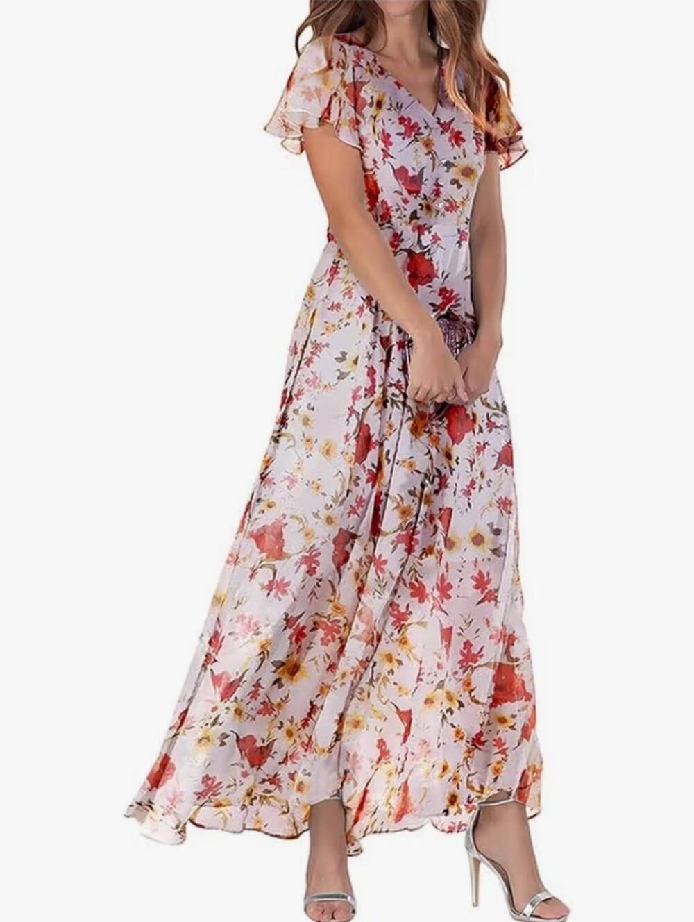 Floral V-Neck Maxi Dress in White and Red/orange #113